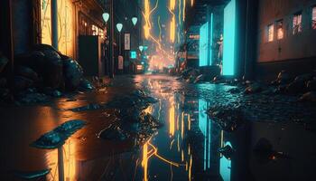 , Night scene of after rain city in cyberpunk style, futuristic nostalgic 80s, 90s. Neon lights vibrant colors, photorealistic horizontal illustration. photo