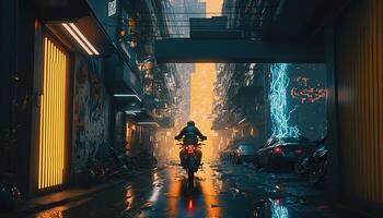 , Night scene of after rain city in cyberpunk style with motorcycle, futuristic nostalgic 80s, 90s. Neon lights vibrant colors, photorealistic horizontal illustration. photo