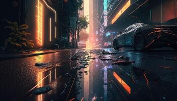 , Night scene of after rain city in cyberpunk style with car, futuristic nostalgic 80s, 90s. Neon lights vibrant colors, photorealistic horizontal illustration. photo