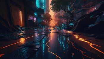 , Night scene of after rain city in cyberpunk style, futuristic nostalgic 80s, 90s. Neon lights vibrant colors, photorealistic horizontal illustration. photo