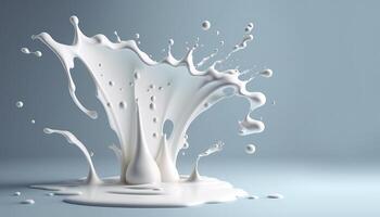 , Flowing liquid with splashes in white color. Glossy creamy milk fluid banner, 3D effect, modern macro photorealistic abstract background illustration. photo