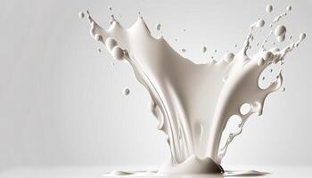 , Flowing liquid with splashes in white color. Glossy creamy milk fluid banner, 3D effect, modern macro photorealistic abstract background illustration. photo