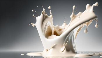 , Flowing liquid with splashes in white color. Glossy creamy milk fluid banner, 3D effect, modern macro photorealistic abstract background illustration. photo