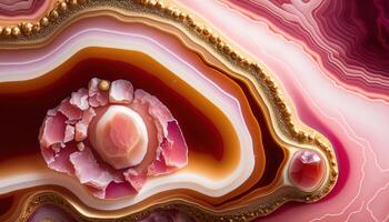 , natural volcanic agate stones close-up pink magenta and golden texture. Wallpaper background, quartz marble, decorative rock pattern photo