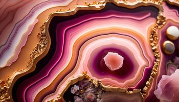 , natural volcanic agate stones close-up pink magenta and golden texture. Wallpaper background, quartz marble, decorative rock pattern photo