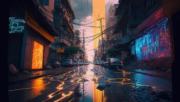 , Night scene of after rain city in cyberpunk style, futuristic nostalgic 80s, 90s. Neon lights vibrant colors, photorealistic horizontal illustration. photo