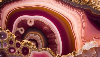 , natural volcanic agate stones close-up pink magenta and golden texture. Wallpaper background, quartz marble, decorative rock pattern photo