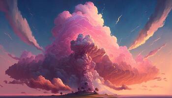 , Pink magenta fantastic clouds, sky and landscape. Gentle colors and with bright lights photo
