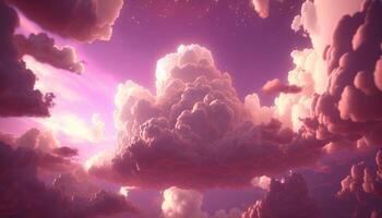 , Pink magenta fantastic clouds, sky and landscape. Gentle colors and with bright lights photo