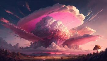 , Pink magenta fantastic clouds, sky and landscape. Gentle colors and with bright lights photo