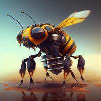 , Robot cyborg bee, concept blockchain and technology networks, yellow mechanical insect. Steampunk cyberpunk style, artificial intelligence photo