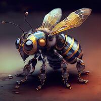 , Robot cyborg bee, concept blockchain and technology networks, yellow mechanical insect. Steampunk cyberpunk style, artificial intelligence photo