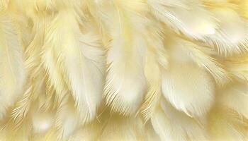 , Beautiful light yellow closeup feathers, photorealistic background. Small fluffy yellow feathers randomly scattered forming photo