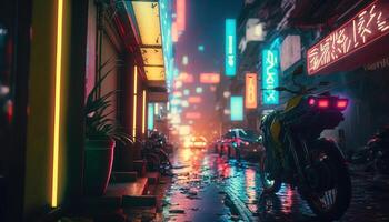 , Night scene of after rain city in cyberpunk style with motorcycle, futuristic nostalgic 80s, 90s. Neon lights vibrant colors, photorealistic horizontal illustration. photo