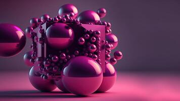 , Four big spheres and little beads, balls in magenta color. Glossy pink fluid banner, 3D scene effect, modern macro photorealistic abstract background illustration. photo