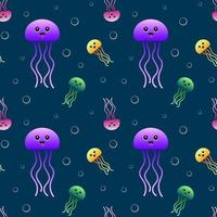 Jellyfish seamless pattern. Colorful cartoon creatures and bubbles. Vector design.