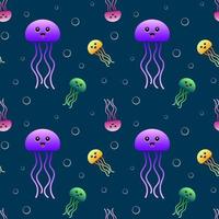 Jellyfish seamless pattern. Colorful cartoon creatures and bubbles. Vector design.