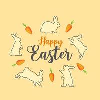 Happy Easter sign with rabbits and carrots. Vector design