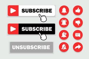 Subscribe set button with hand cursor. Subscription to the social media like video channel, blog and newsletter. Vector design.