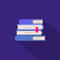 Stack of 4 blue books, one of them has a red bookmark. Flat design. Vector illustration.