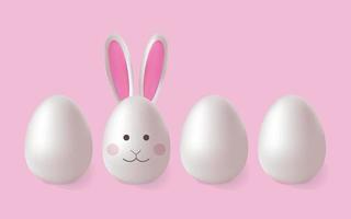 Eggs and rabbit. Set of realistic 3d white eggs and a rabbit egg with ears and face. Vector design.