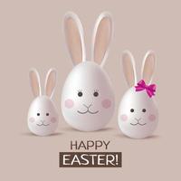 Eggs rabbit family. Set of realistic 3d white eggs with ears and faces. Happy Easter sign. Vector design.