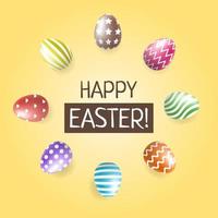Easter eggs in circle and Happy Easter sign. Set of realistic 3d eggs of different colors and white ornaments. Vector design.