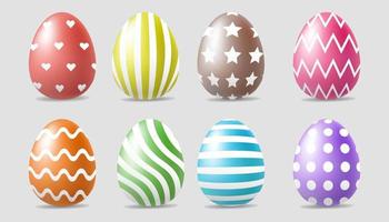 Easter eggs. Set of realistic 3d eggs of different colors and white ornaments. Vector design.