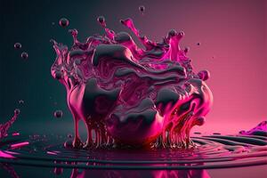 , Flowing liquid with splashes in magenta color. Glossy pink fluid banner, 3D effect, modern macro photorealistic abstract background illustration. photo