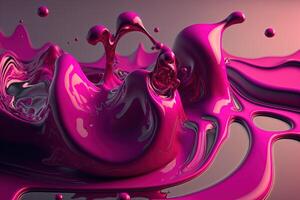 , Flowing liquid with splashes in magenta color. Glossy pink fluid banner, 3D effect, modern macro photorealistic abstract background illustration. photo