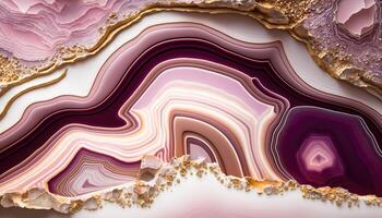 , natural volcanic agate stones close-up pink magenta and golden texture. Wallpaper background, quartz marble, decorative rock pattern photo