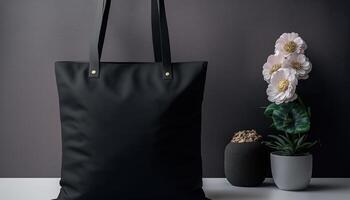 , Realistic black tote canvas fabric bag set-up in at home interior, mug mock up blank. photo