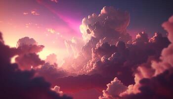 , Pink magenta fantastic clouds, sky and landscape. Gentle colors and with bright lights photo