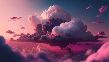 , Pink magenta fantastic clouds, sky and landscape. Gentle colors and with bright lights photo