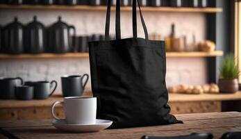 , Realistic black tote canvas fabric bag set-up in at home interior, mug mock up blank. photo