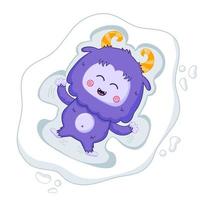 Funny Yeti mascot character lyig in snow and making snow angel vector