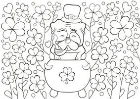 Cute coloring page for St Patrick's Day with pug character in lucky hat smoking tube in cauldron and clover around vector