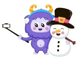 Funny Yeti mascot character with snowman taking selfie by using stick vector