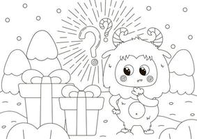 Funny coloring page with cute Yeti character confused what is inside giftbox, mystery box vector