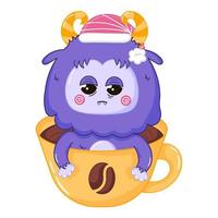 Funny Yeti mascot character trying to woke up inside coffee cup, sleep vector