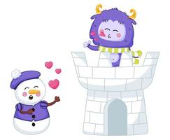 Funny Yeti mascot character blowing kiss to snowman which sing love song vector