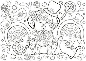 Cute coloring page for St Patrick's Day with Dalmatian character in shamrock garland and lucky hat vector