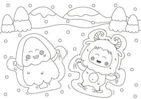 Funny coloring page with cute Yeti and christmas tree characters making snow angels vector