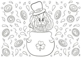 Cute coloring page for St Patrick's Day with dog character in cauldron and lucky coins around vector