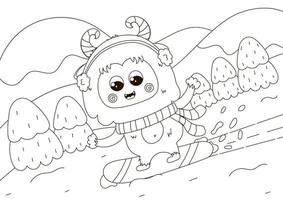 Funny coloring page with cute Yeti character snowboarding vector