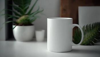 Generative AI, Realistic white ceramic cup set-up in at home interior, mug mock up blank. Photorealistic illustration photo