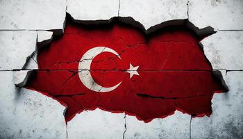 , earthquake in Turkey banner, Turkish flag on broken concrete, cracked ground. Catastrophic concept, calamity that struck this country photo