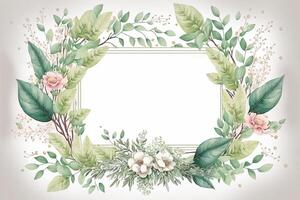 , Watercolor frame with spring flowers, hand drawn art style with place for text. Greeting, birthday and other holiday, wedding invitation concept photo