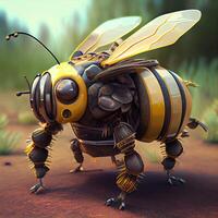 generativo ai, robot cyborg abeja, concepto blockchain y tecnología redes, amarillo mecánico insecto. Steampunk cyberpunk estilo, artificial inteligencia foto