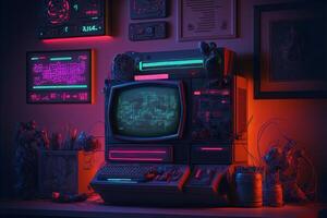 , Computer on the table in cyberpunk style, nostalgic 80s, 90s. Neon night lights vibrant colors, photorealistic horizontal illustration of the futuristic interior. Technology concept. photo